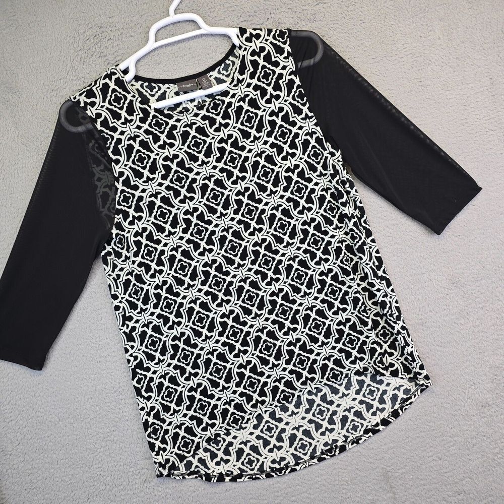 Chicos Travelers Top Womens 2 Medium Black White Mesh Sleeve Tunic Boho Academia